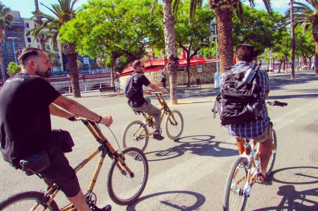 Following Andre to the beac on our bamboo cruisers