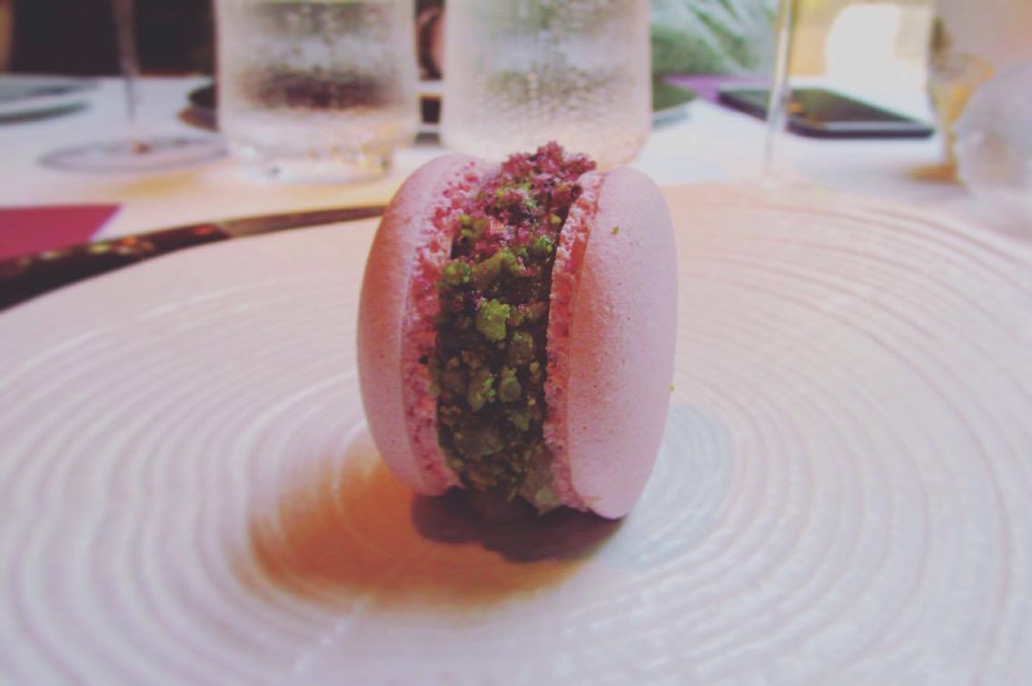 Parisian macarons with foie, green celery, apple and armagnac at the double Michelin-starred Moment Restaurant at the Mandarin Hotel in Barcelona