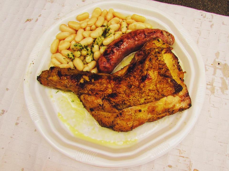 Catalan botifara, fava beans and barbecued meat at a calcotada in Barcelona