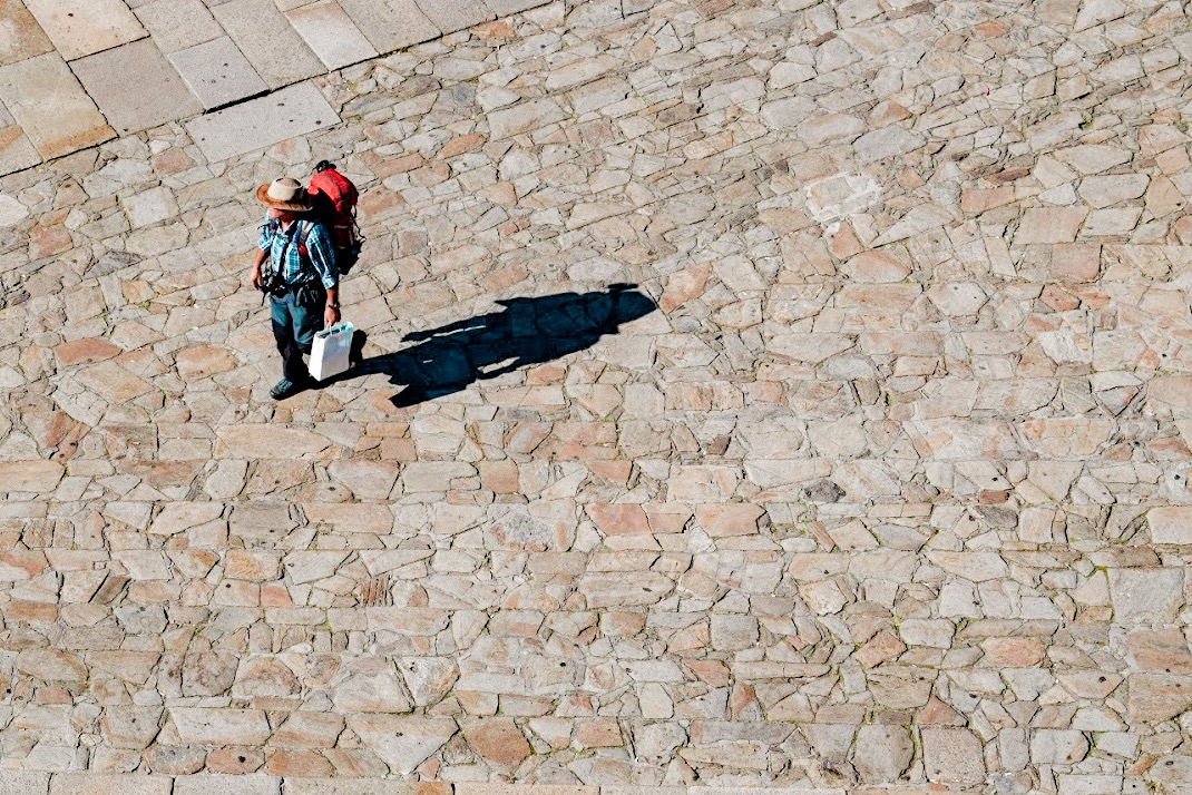 Pilgrims arriving in Santiago de Compostela, Galicia, Northern Spain