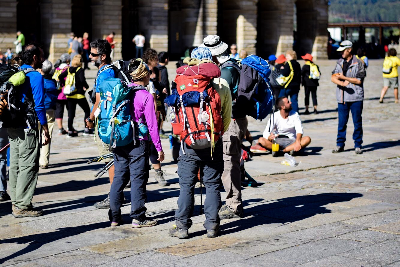 Pilgrims arriving in Santiago de Compostela, Galicia, Northern Spain