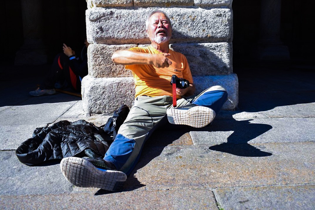 Pilgrims arriving in Santiago de Compostela, Galicia, Northern Spain