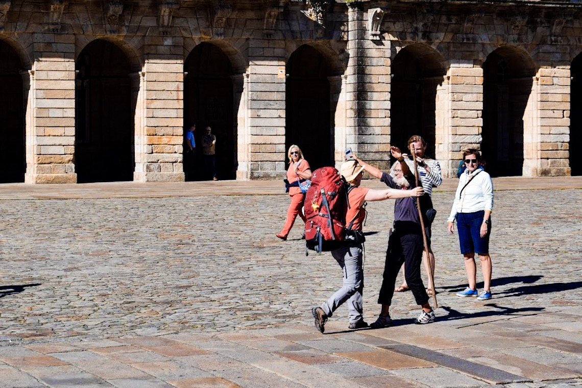 Pilgrims arriving in Santiago de Compostela, Galicia, Northern Spain