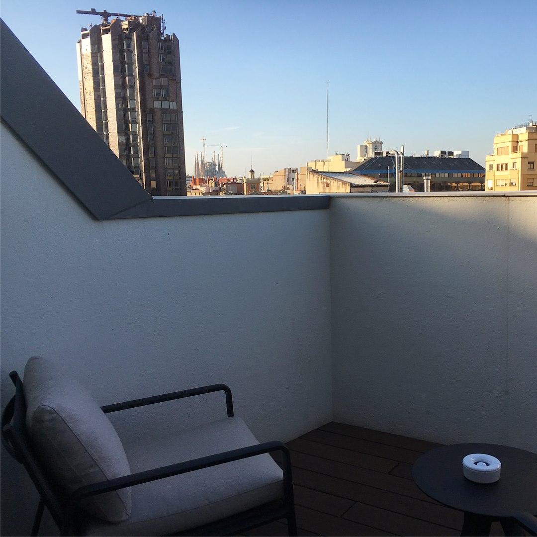 Hotel rooms with private terrace balcony in H10 Cubik hotel in Barcelona - views of Sagrada Familia in Barcelona