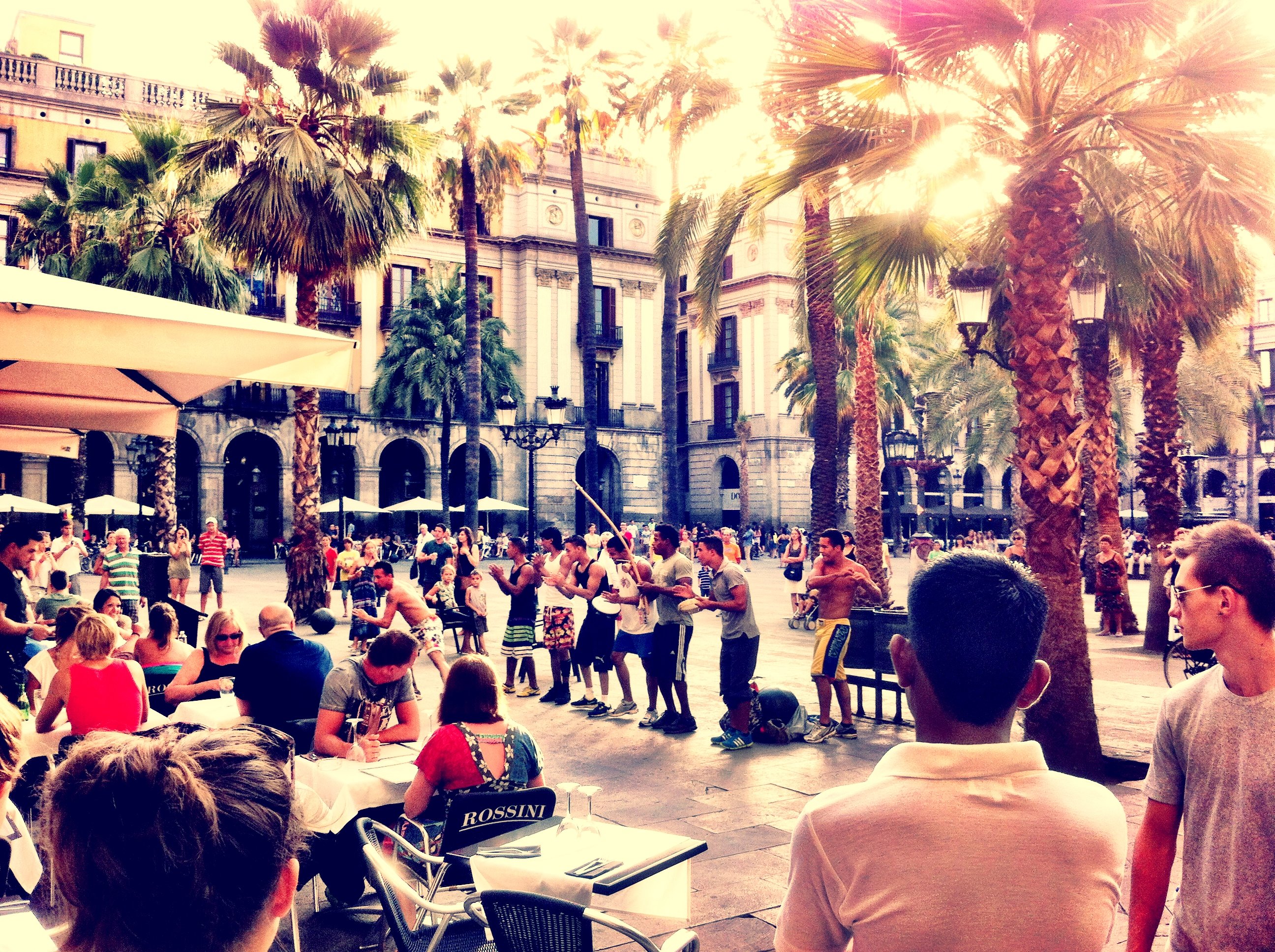 A group of Portugese dancers performing for diners in Place Real, Barcelona