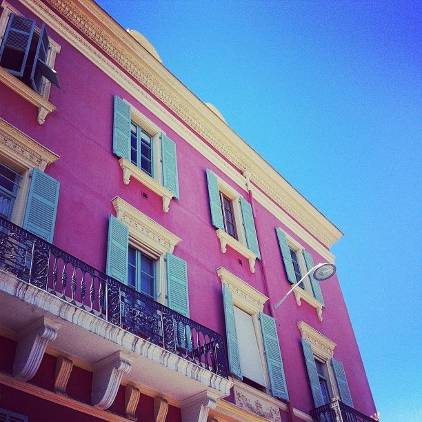Pastel pink and blue buildings in Nice, South France, Riviera 