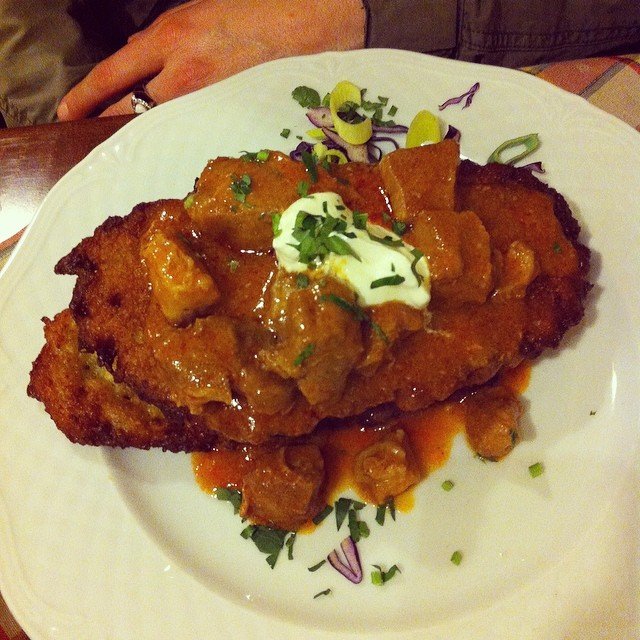 Polish potato pancakes with beef goulash, Krakow, Poland 