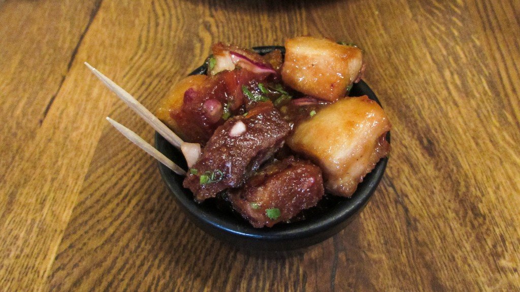 Mini Pork Chicharrones: with salsa criolla and rocoto chilli sauce