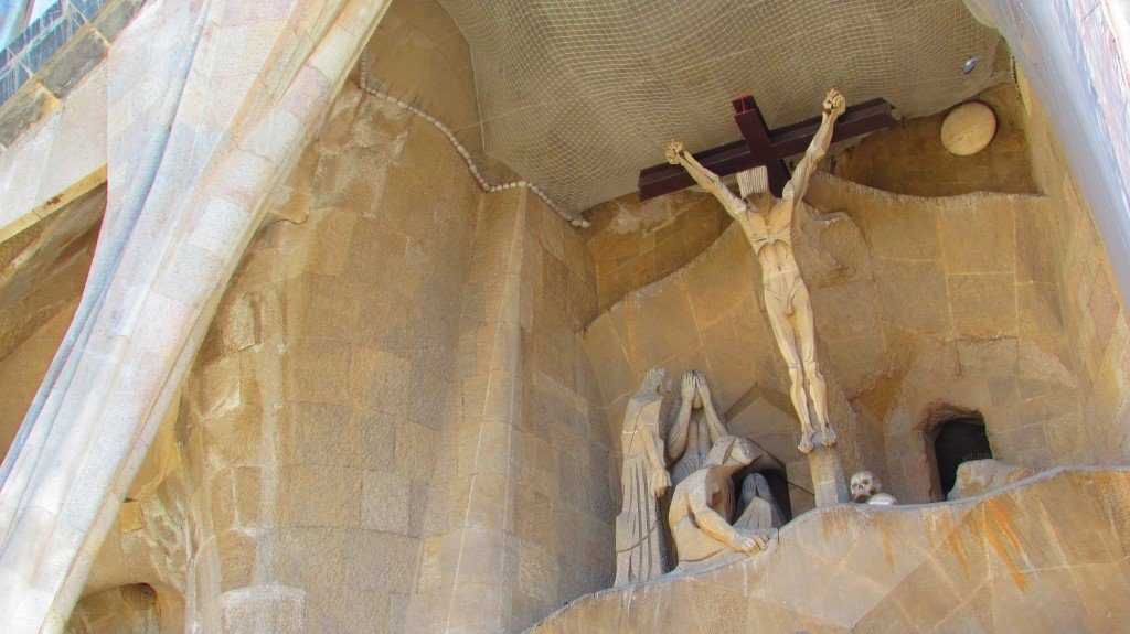 Jesus on the cross at the passion facade at La Sagrada Familia, Barcelona