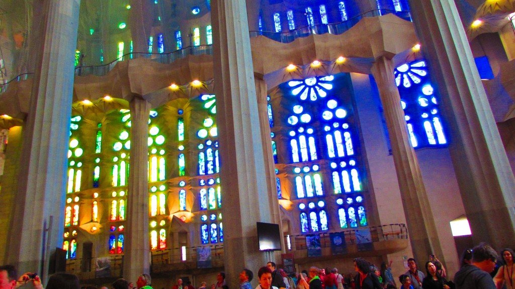 Blue stained glass windows inside La Sagrada Familia Barcelona
