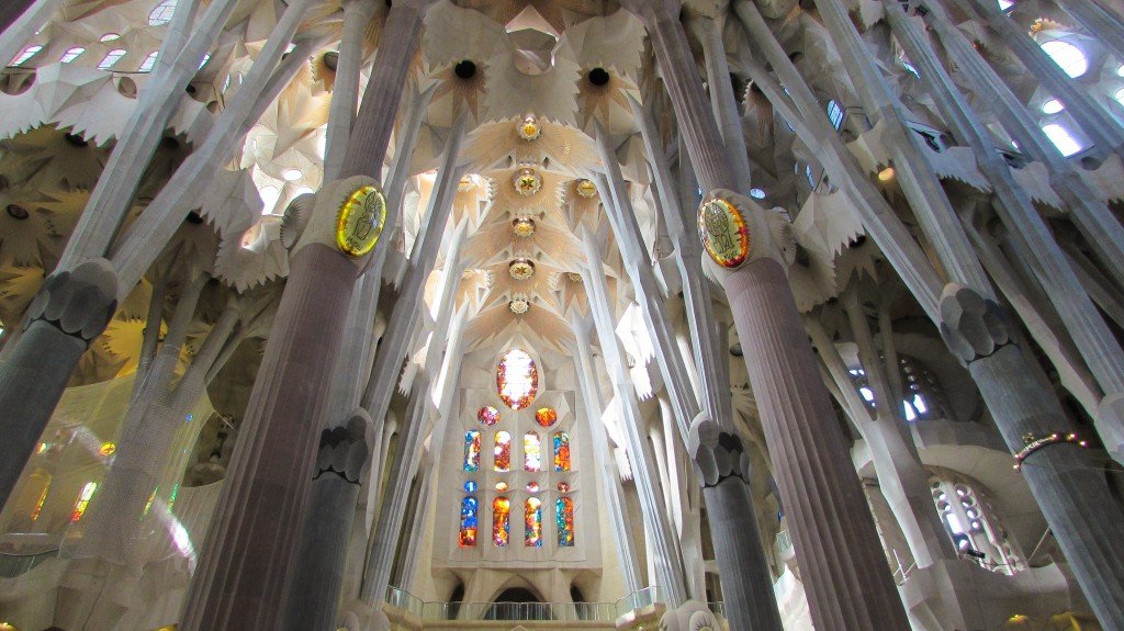 The ribcage-like spirals and ceilings of Gaudi's Sagrada Familia in Barcelona