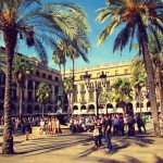 Placa Reial, a dreamlike square just off Las Ramblas and packed with restaurants, bars and clubs Gothic Quarter, Barcelona.