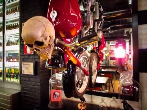 Motorcycle hanging from the wall at NaparBier Brewpub in Barcelona