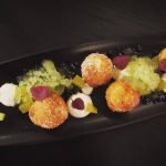 buñuelos”, which are little doughy balls with aniseed, praline, white chocolate and a sort of pineapple ice-slushy sauce. at NaparBCN Barcelona