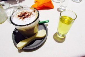 Coffee and orujo for dessert in Spain