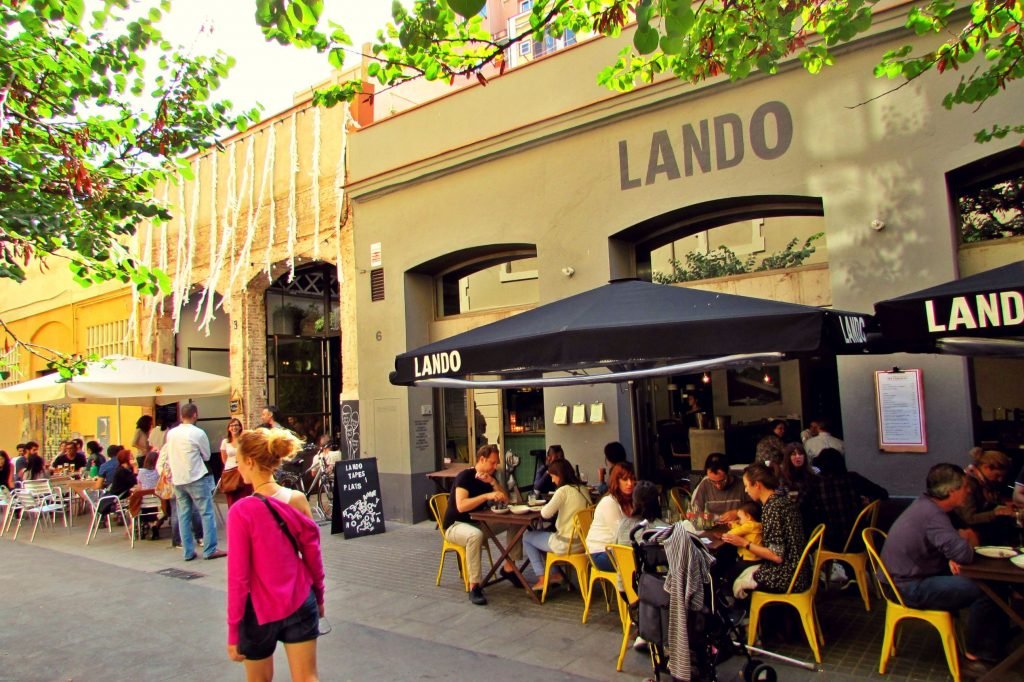 Cafe terraces in the sun, Sant Antoni Barcelona