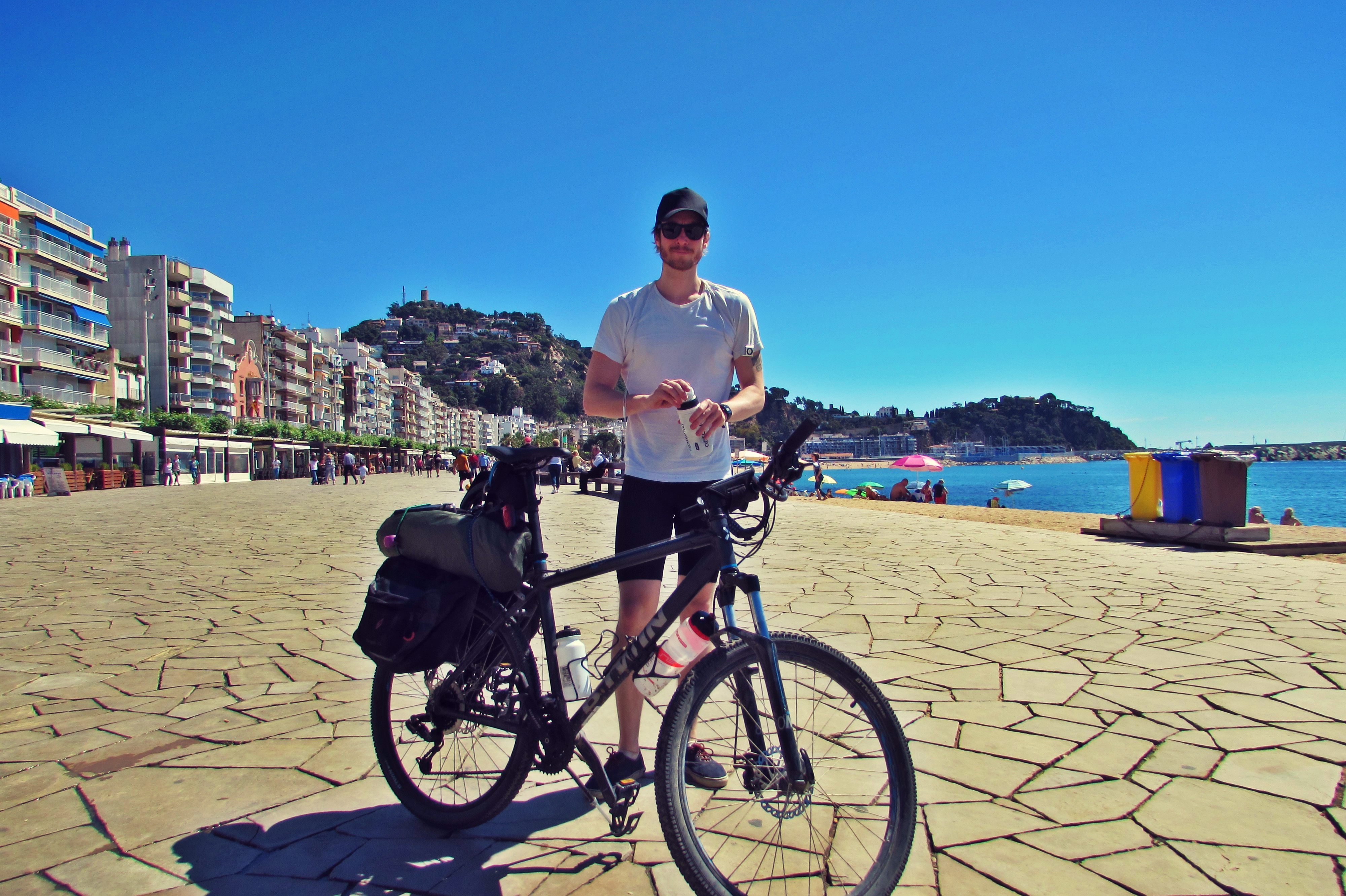 Ben Holbrook and his bike, which he calls Gwen, on the Costa Brava
