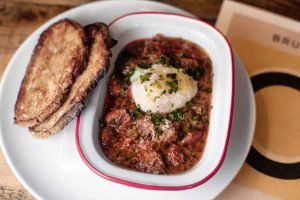 Smoked pork & beans with slow-poached egg and toasted sourdough