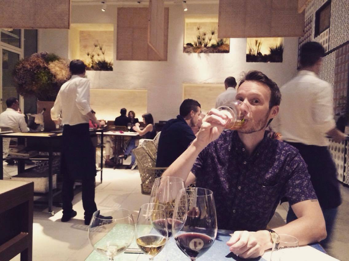 Ben struggling to keep up with the wine pairing menu at Disfrutar Restaurante in Barcelona