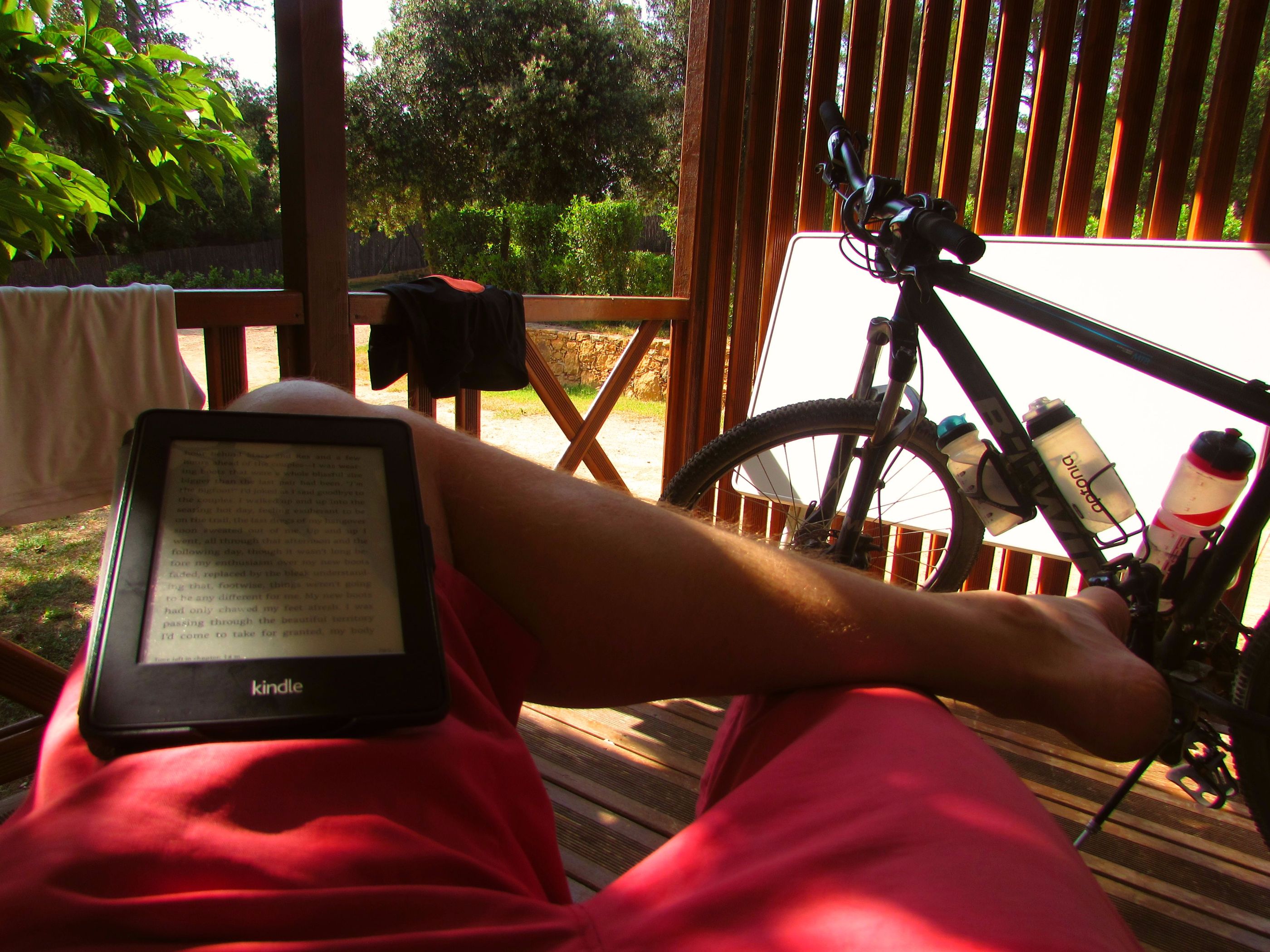 reading on my porch in Camping Begur, Costa Brava