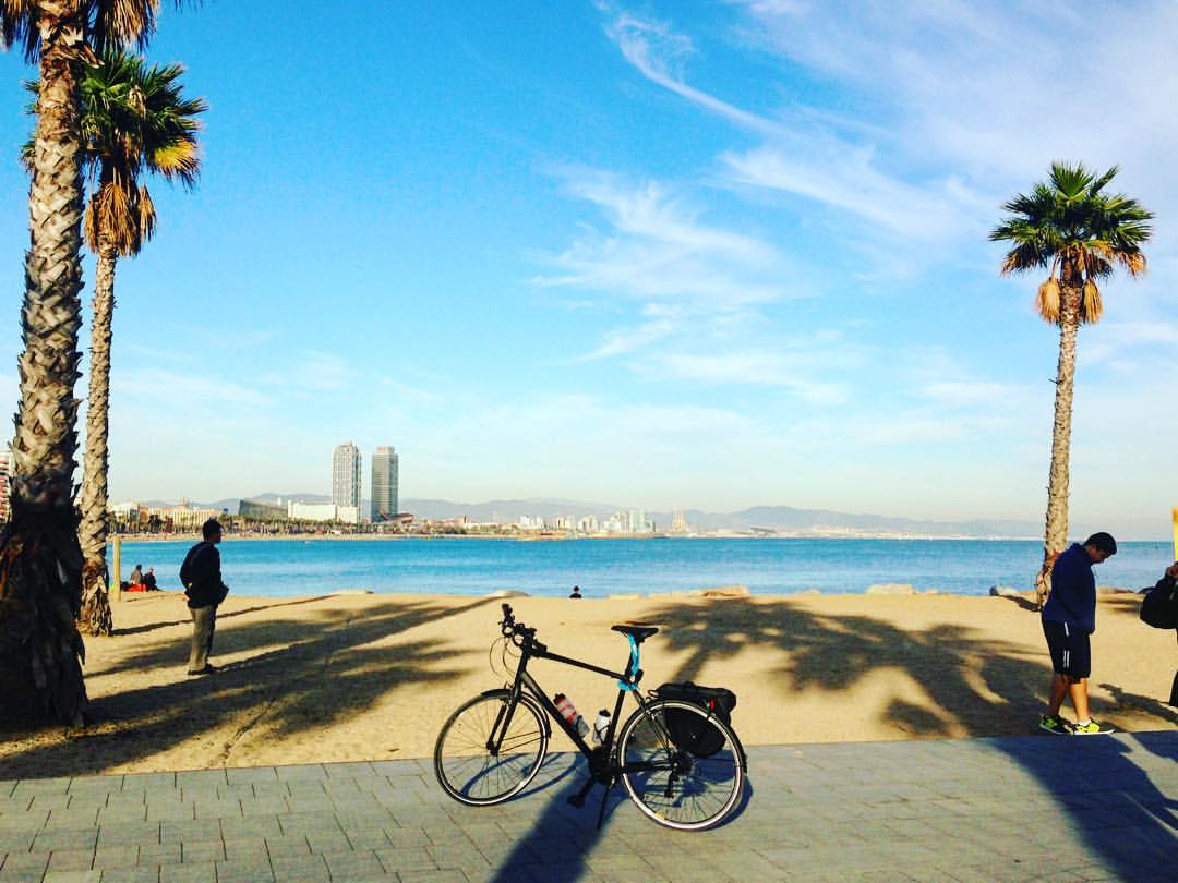 Cycling at Barceloneta beach in Barcelona December