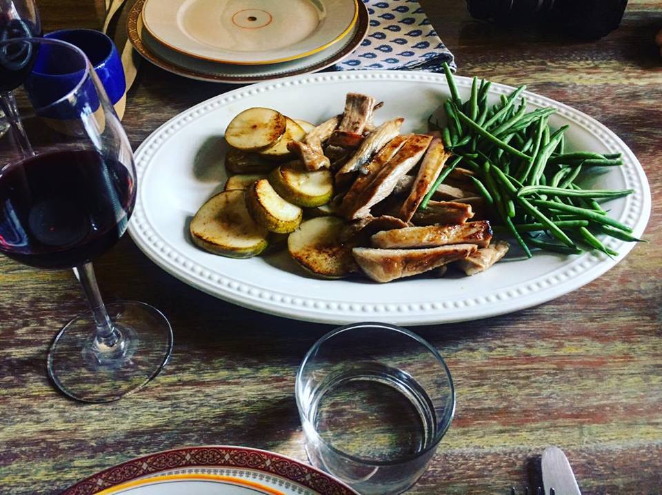 Iberico secreto pork and green beans with baked pairs - Barcelona Food Sherpa Market Tour and Home Dining Experience