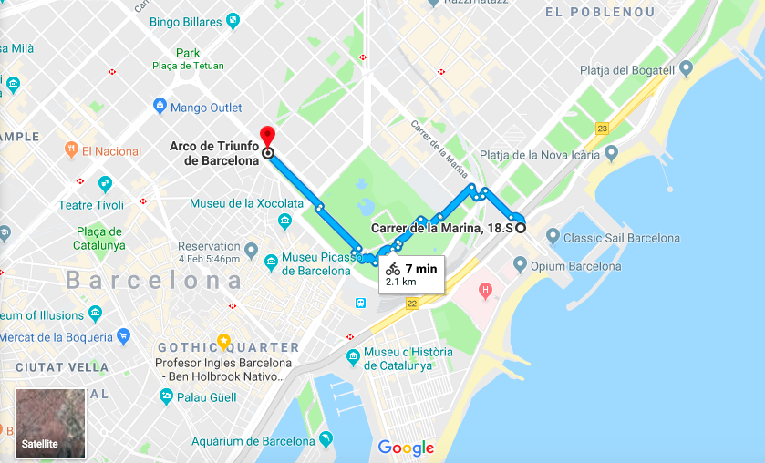 Barcelona bike ride route mapped on Google Maps by Ben Holbrook of Driftwood Journals Travel Blog