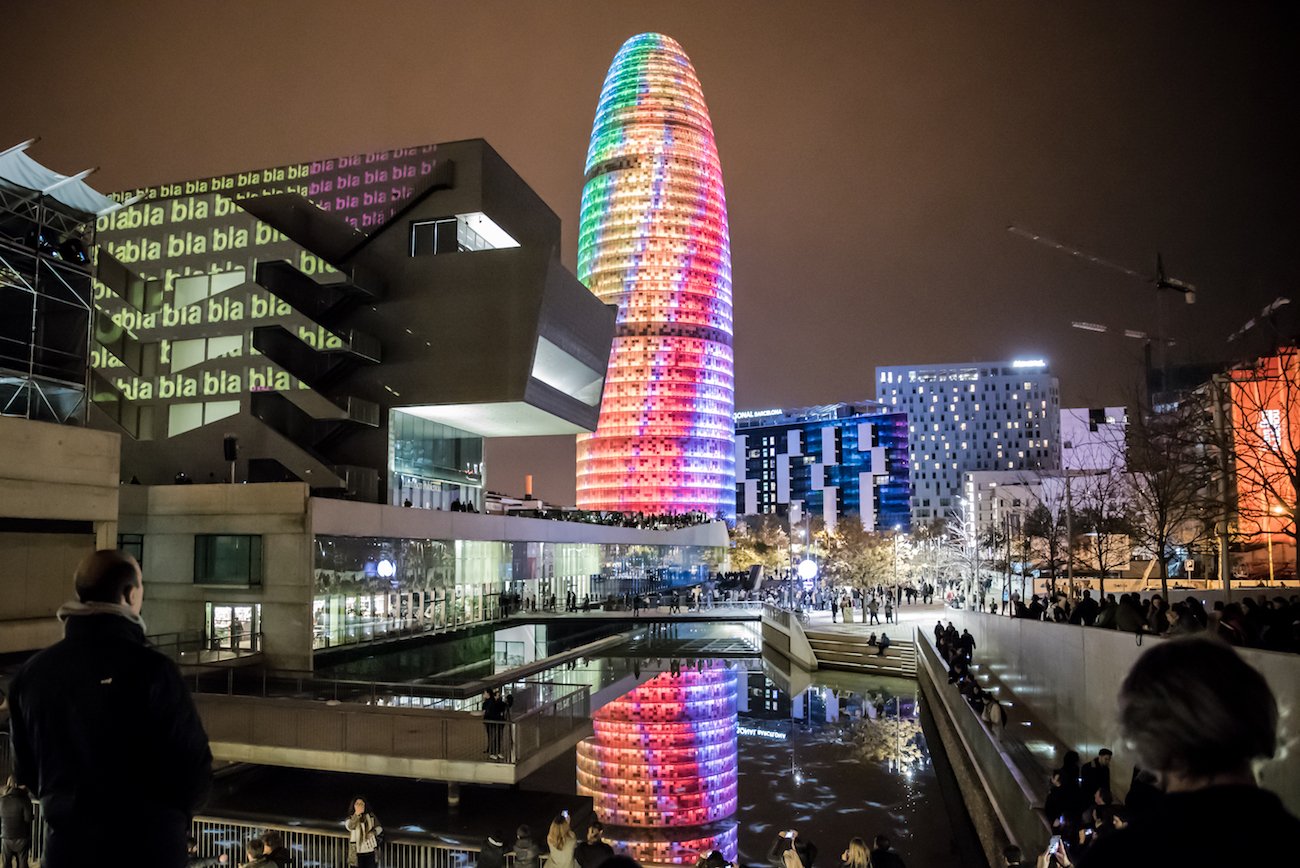 Torre Agbar/Glories Building in Barcelona Illuminated during the Llum light show