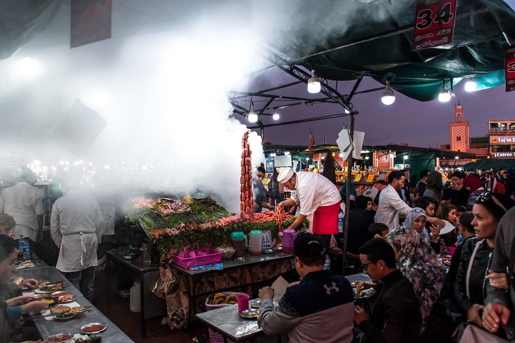 Smoking food stall at Marakkesh's Jemaa el Fna place, Morocco.