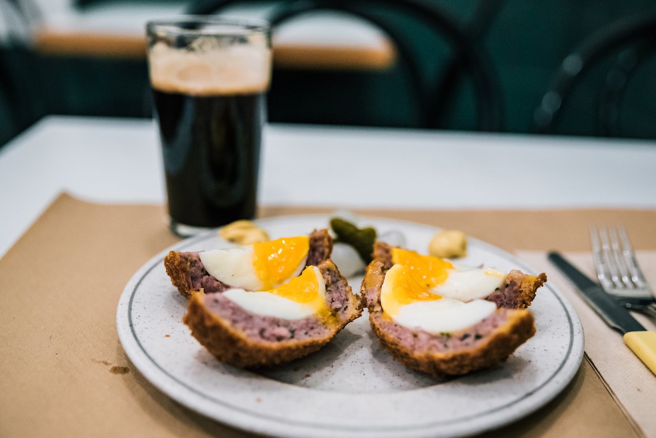 Gary's gourmet Scotch eggs, made with Catalan botifarra sausage meat - The Pie Shoppe, Gracia, Barcelona. Gary's gourmet Scotch eggs, made with Catalan botifarra sausage meat - The Pie Shoppe, Gracia, Barcelona.