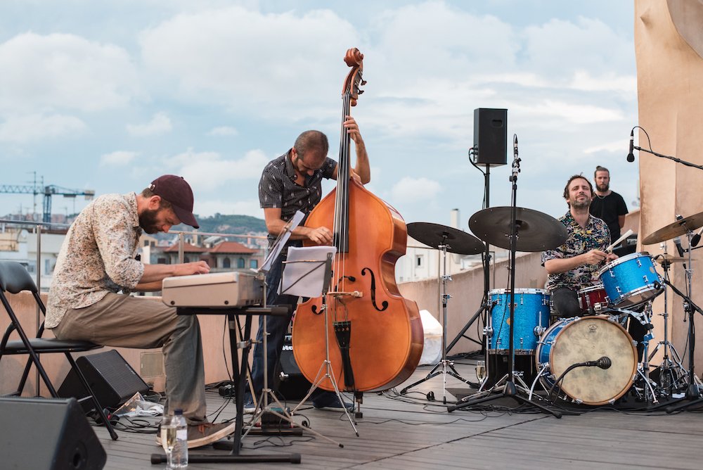 Live jazz music concert on the rooftop terrace of Antoni Gaudi's Casa Mila building in Barcelona