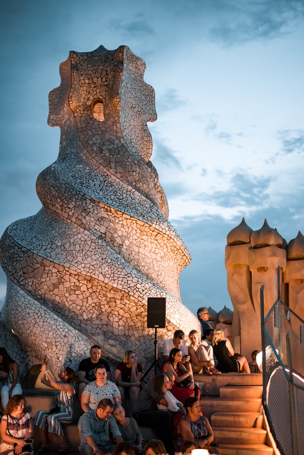 Rooftop jazz concert and cava at Antoni Gaudi's La Pedrera Building in Barcelona