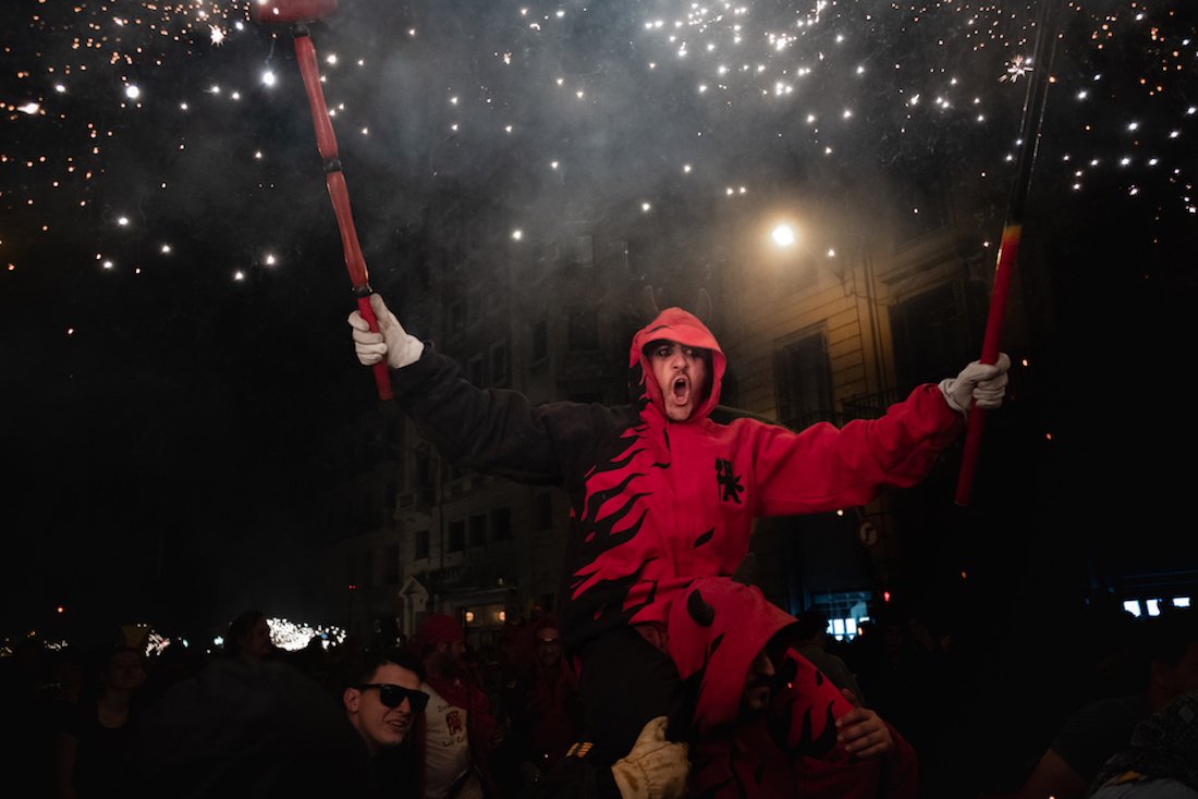 La Merce Correfoc Fire Run Devils with Fire on Via Laietana - by Ben Holbrook from DriftwoodJournals.com