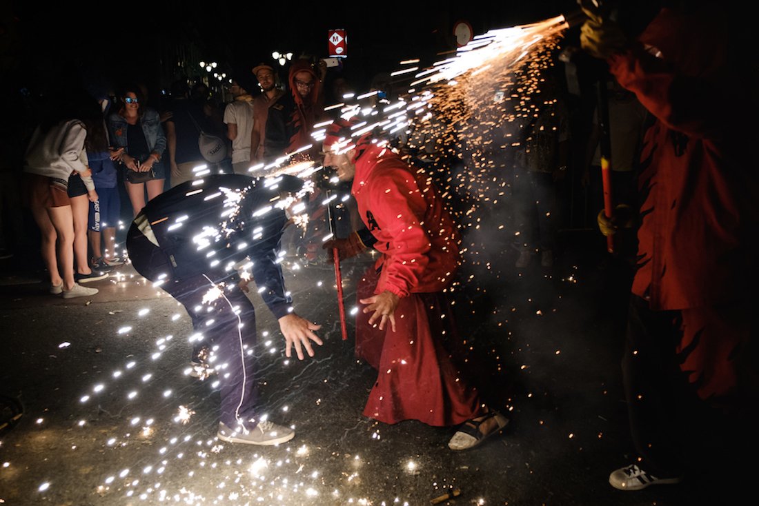 La Merce Correfoc Fire Run Devils with Fire on Via Laietana - by Ben Holbrook from DriftwoodJournals.com