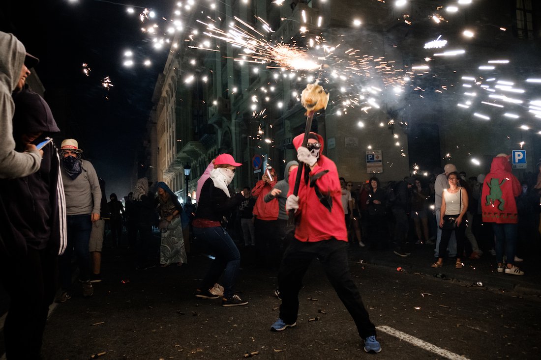 La Merce Correfoc Fire Run Devils with Fire on Via Laietana - by Ben Holbrook from DriftwoodJournals.com