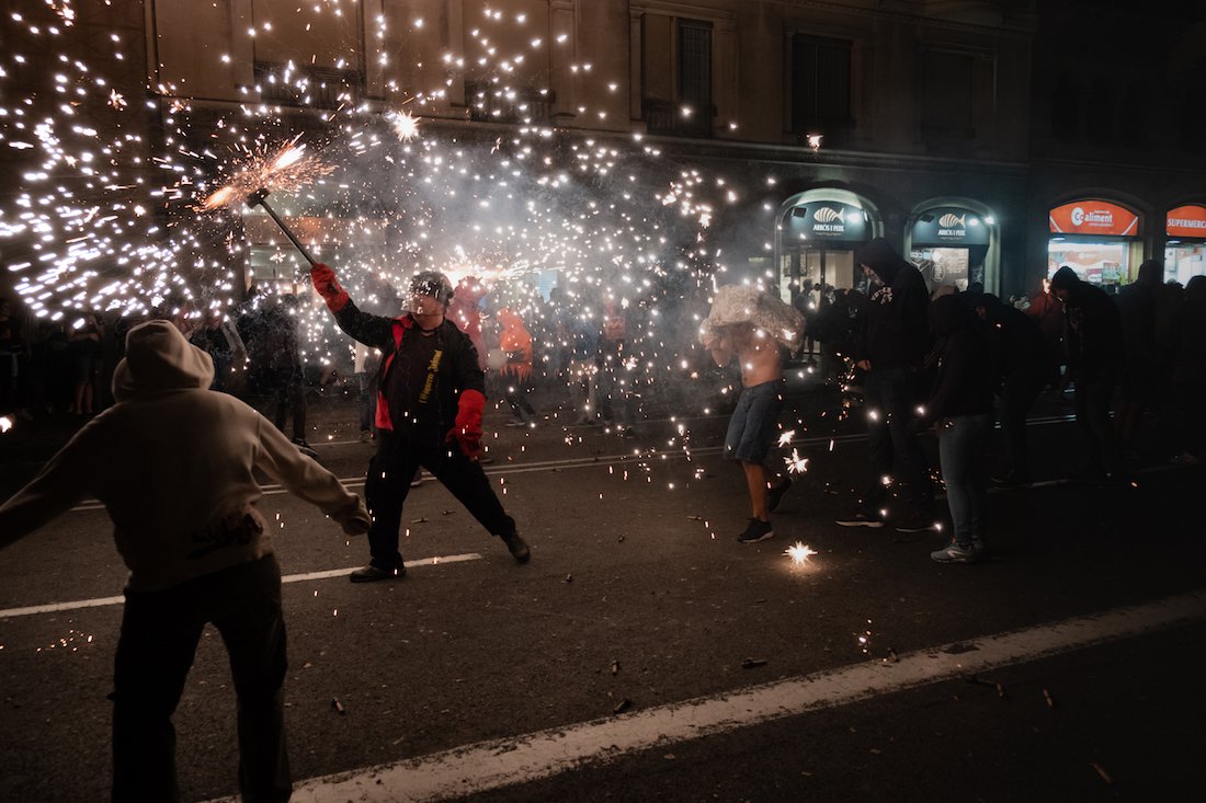 La Merce Correfoc Fire Run Devils with Fire on Via Laietana - by Ben Holbrook from DriftwoodJournals.com