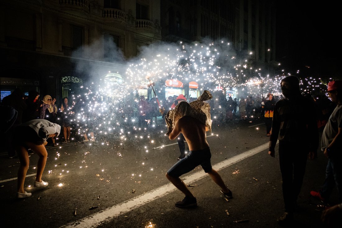 La Merce Correfoc Fire Run Devils with Fire on Via Laietana - by Ben Holbrook from DriftwoodJournals.com