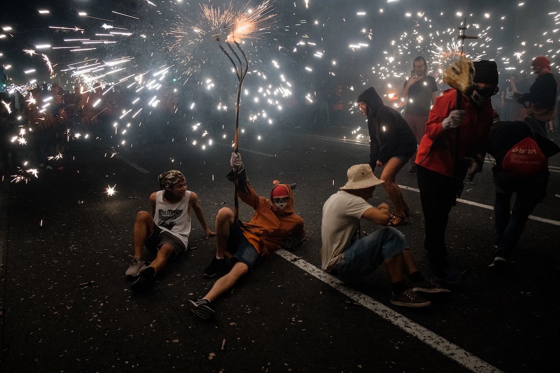 La Merce Correfoc Fire Run Devils with Fire on Via Laietana - by Ben Holbrook from DriftwoodJournals.com