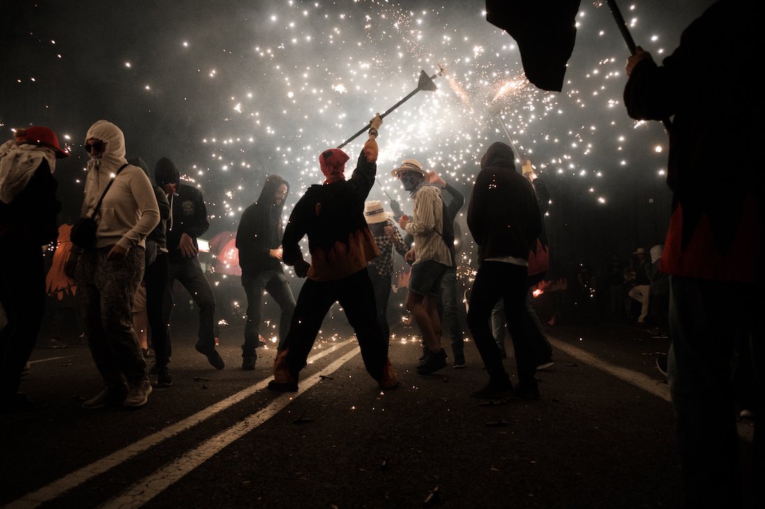 La Merce Correfoc Fire Run Devils with Fire on Via Laietana - by Ben Holbrook from DriftwoodJournals.com