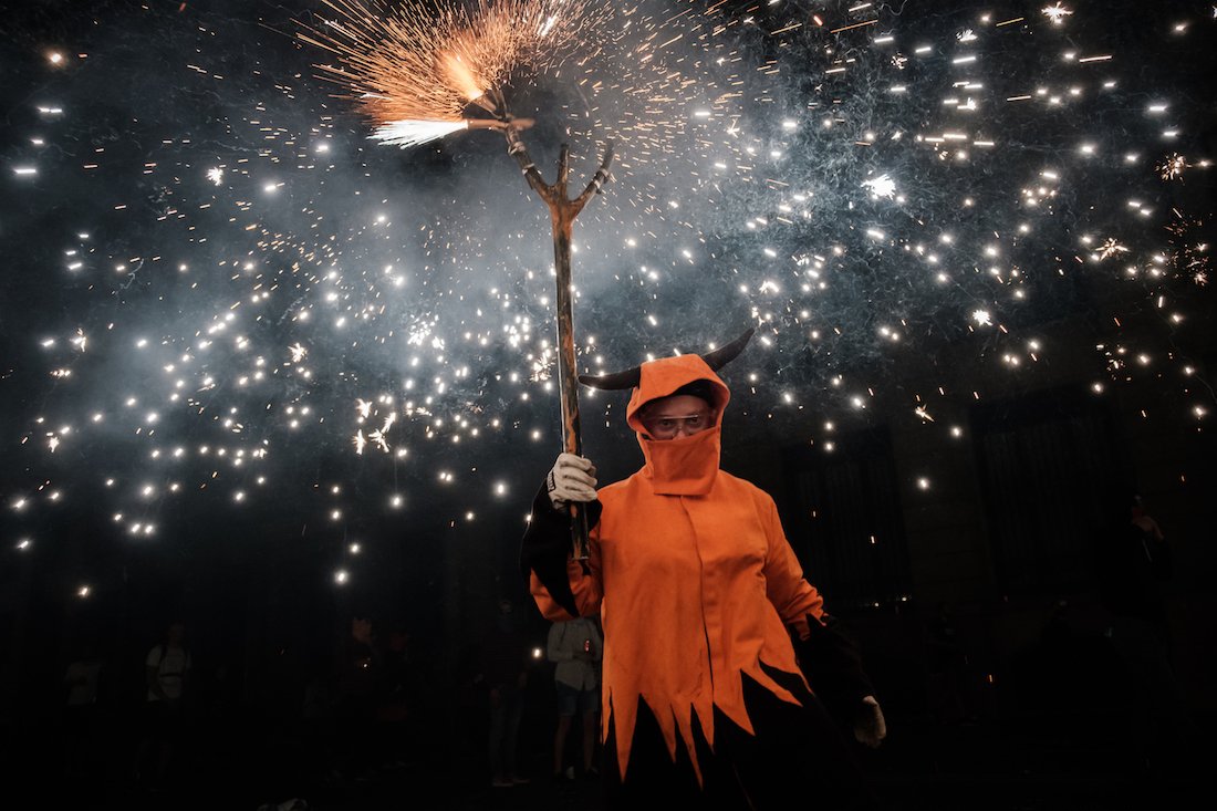 La Merce Correfoc Fire Run Devils with Fire on Via Laietana - by Ben Holbrook from DriftwoodJournals.com