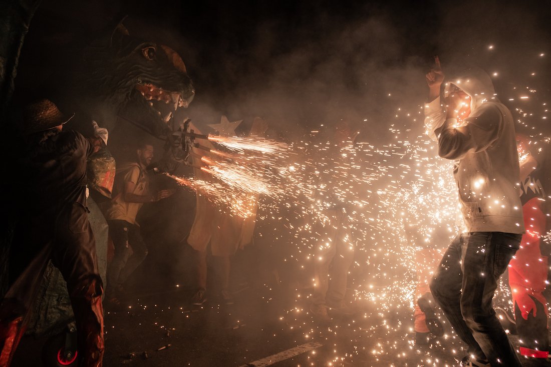 La Merce Correfoc Fire Run Devils with Fire on Via Laietana - by Ben Holbrook from DriftwoodJournals.com