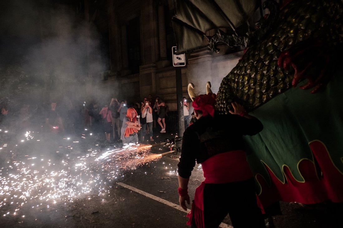 La Merce Correfoc Fire Run Devils with Fire on Via Laietana - by Ben Holbrook from DriftwoodJournals.com