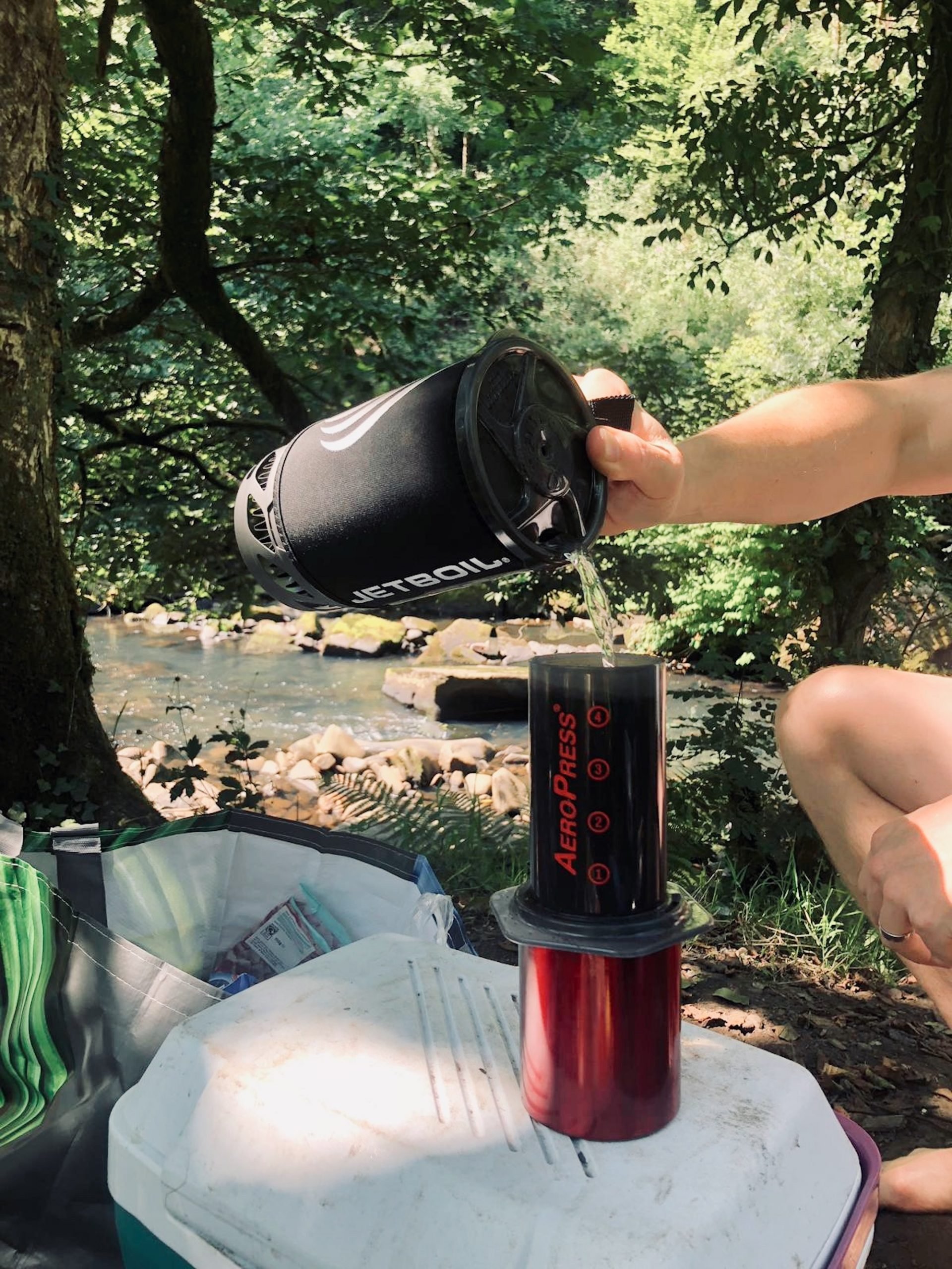 Making tea with Jetboil gas stove while camping in Wales