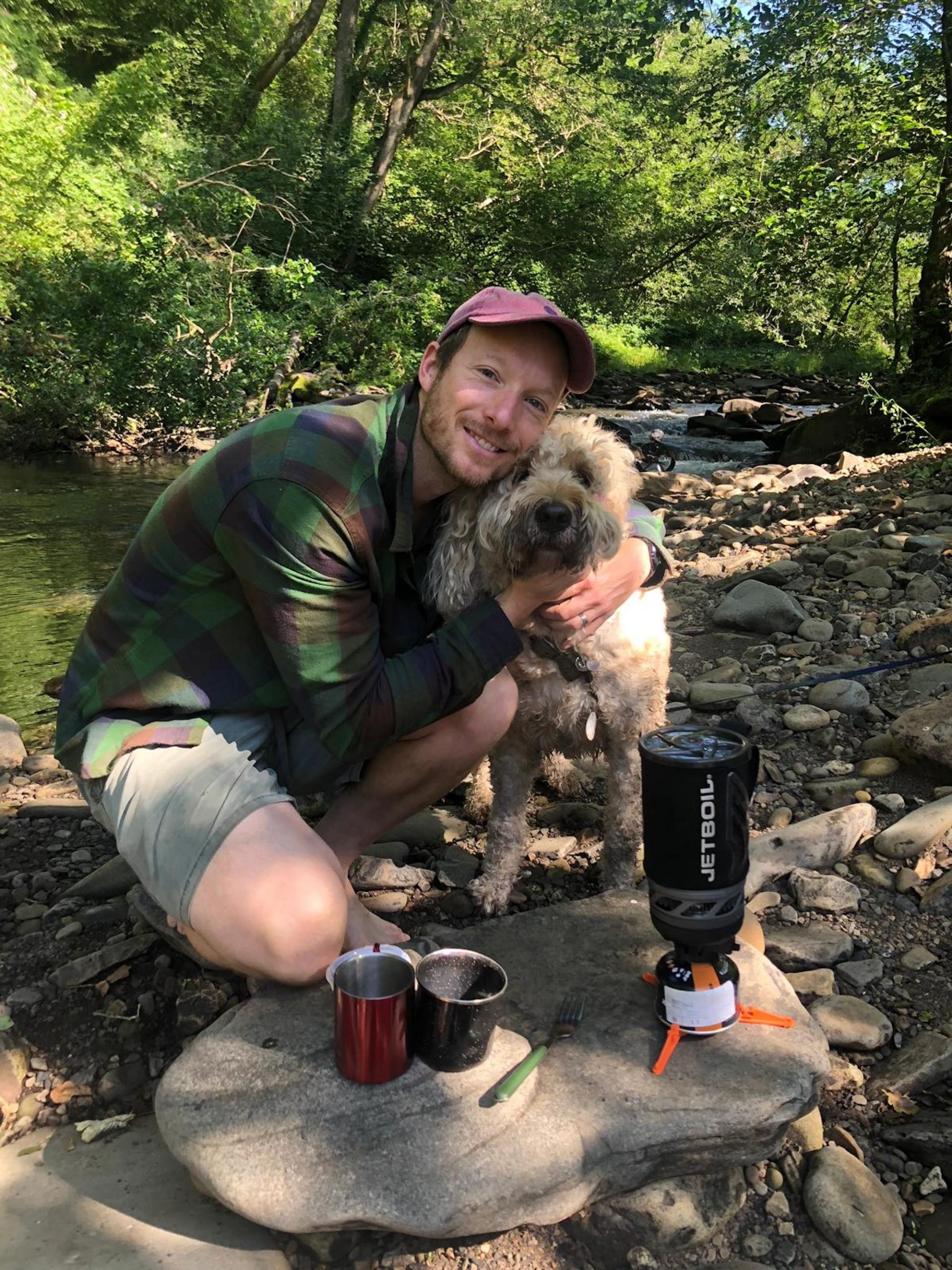 Making tea with Jetboil gas stove while camping in Wales