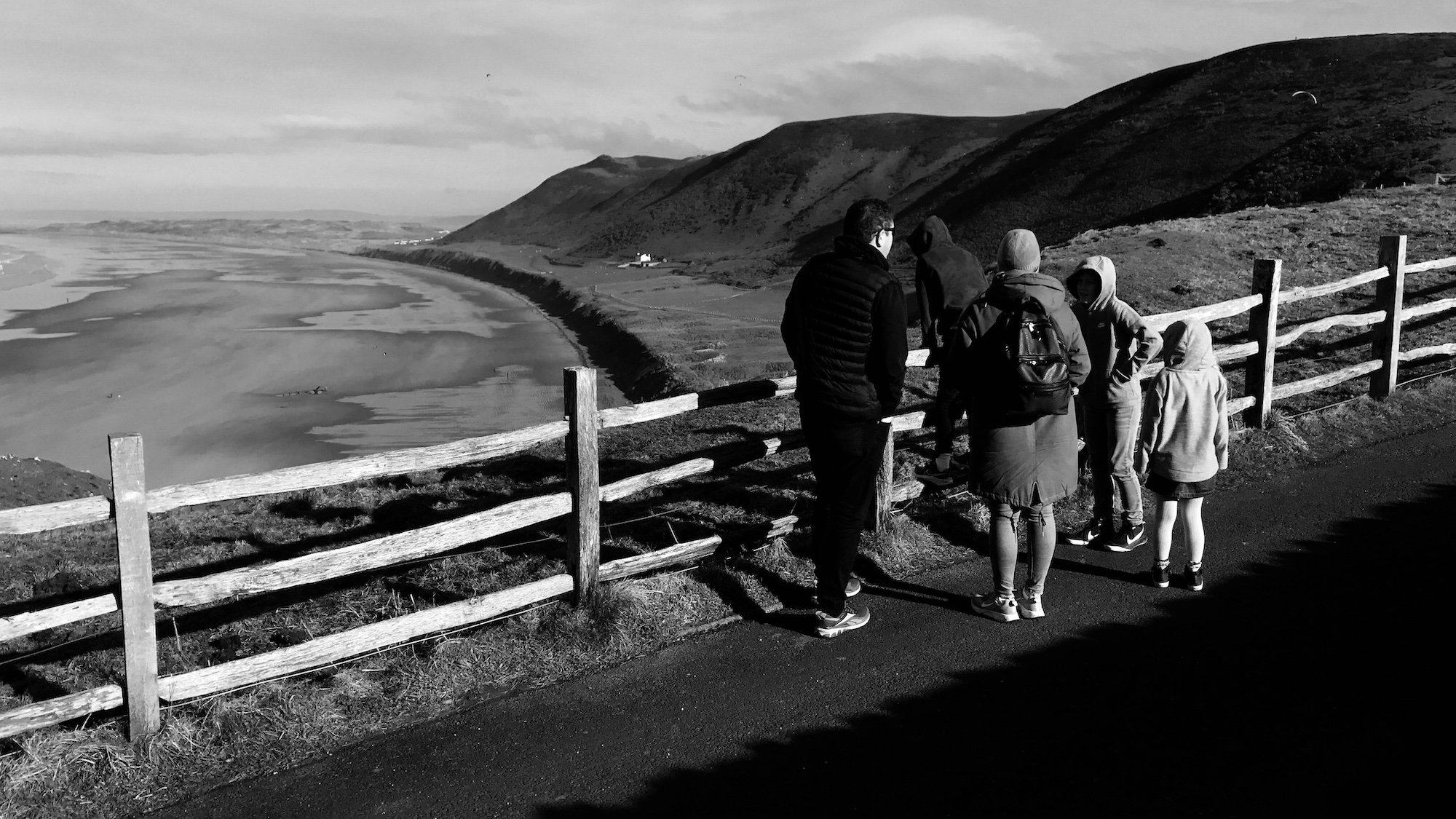 Paragliders at Rhossili Bay Beach Gower Peninsula Black and White Photographs - Copyright Ben Holbrook from DriftwoodJournals.com5