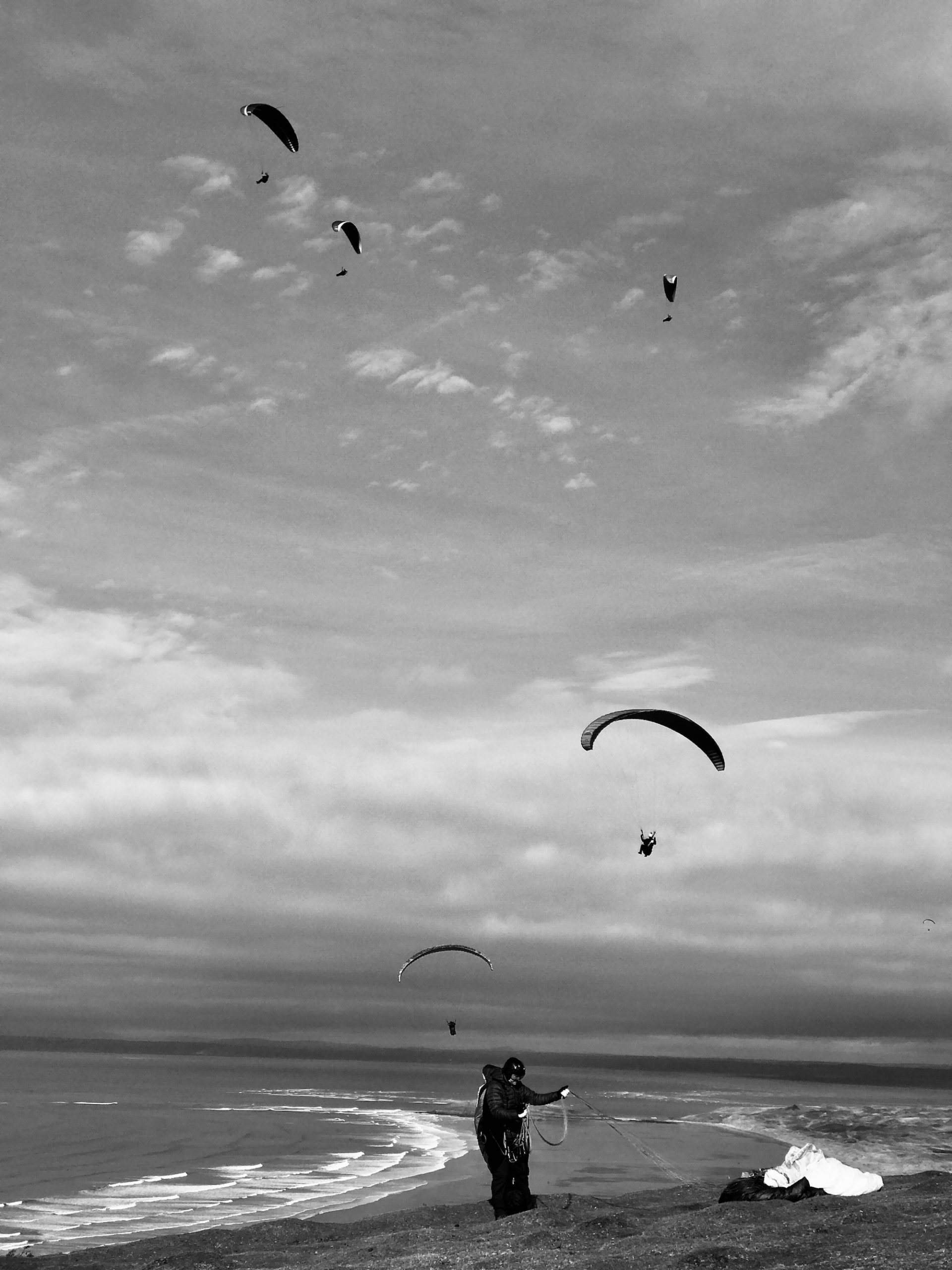 Paragliders at Rhossili Bay Beach Gower Peninsula Black and White Photographs - Copyright Ben Holbrook from DriftwoodJournals.com5