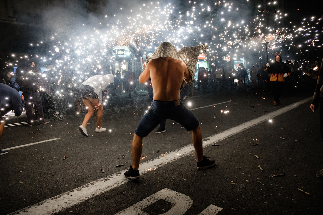 La Merce Correfoc Fire Run Devils with Fire on Via Laietana - by Ben Holbrook from DriftwoodJournals.com